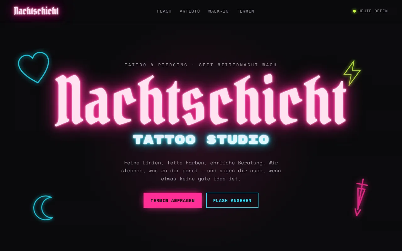 Startseite des Konzepts Nachtschicht Tattoo