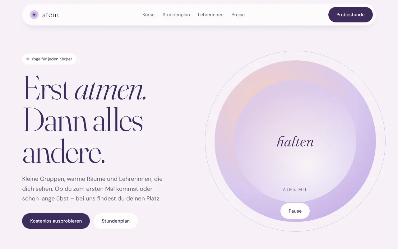 Startseite des Konzepts Atem Yogastudio